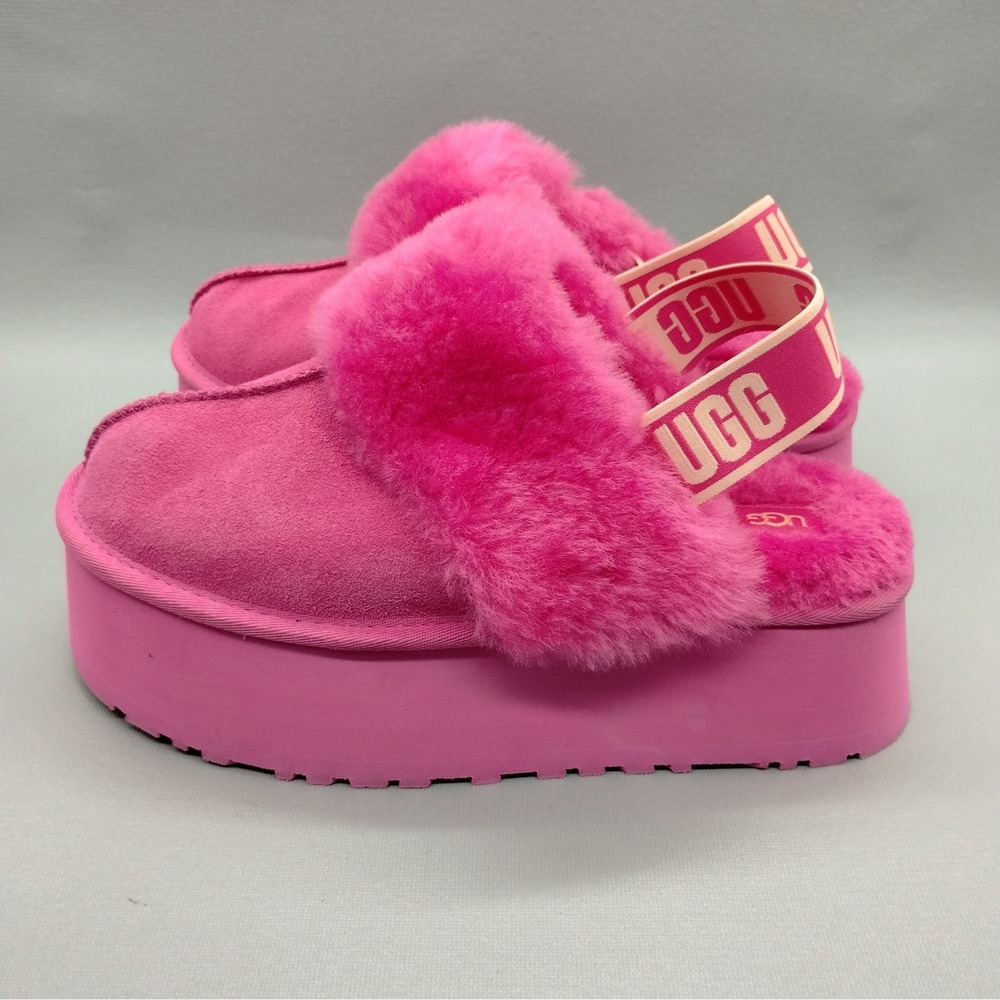 UGG Funkette Pink Suede Platform Slippers Sheepskin Slides 1113474 Womens 9